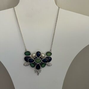Elegant Silver, Blue, Jade Green & Ivory Costume Winter Necklace